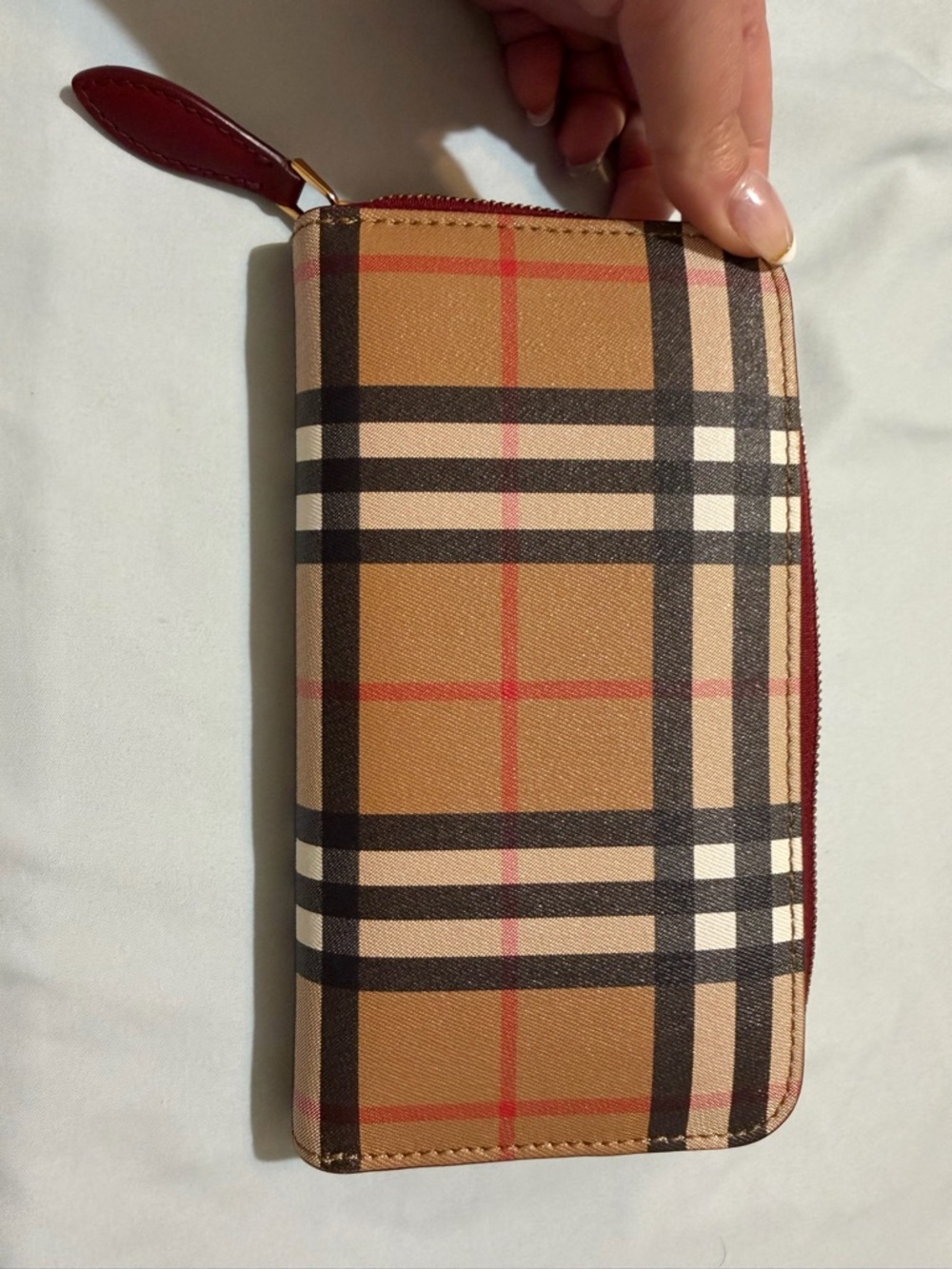 Burberry Tan Plaid Zip Wallet with Red Trim